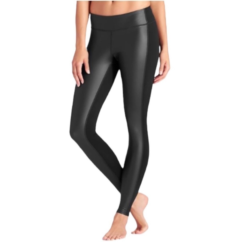 Athleta High Rise Black Gleam Faux Leather Front Leggings Womens Size XS